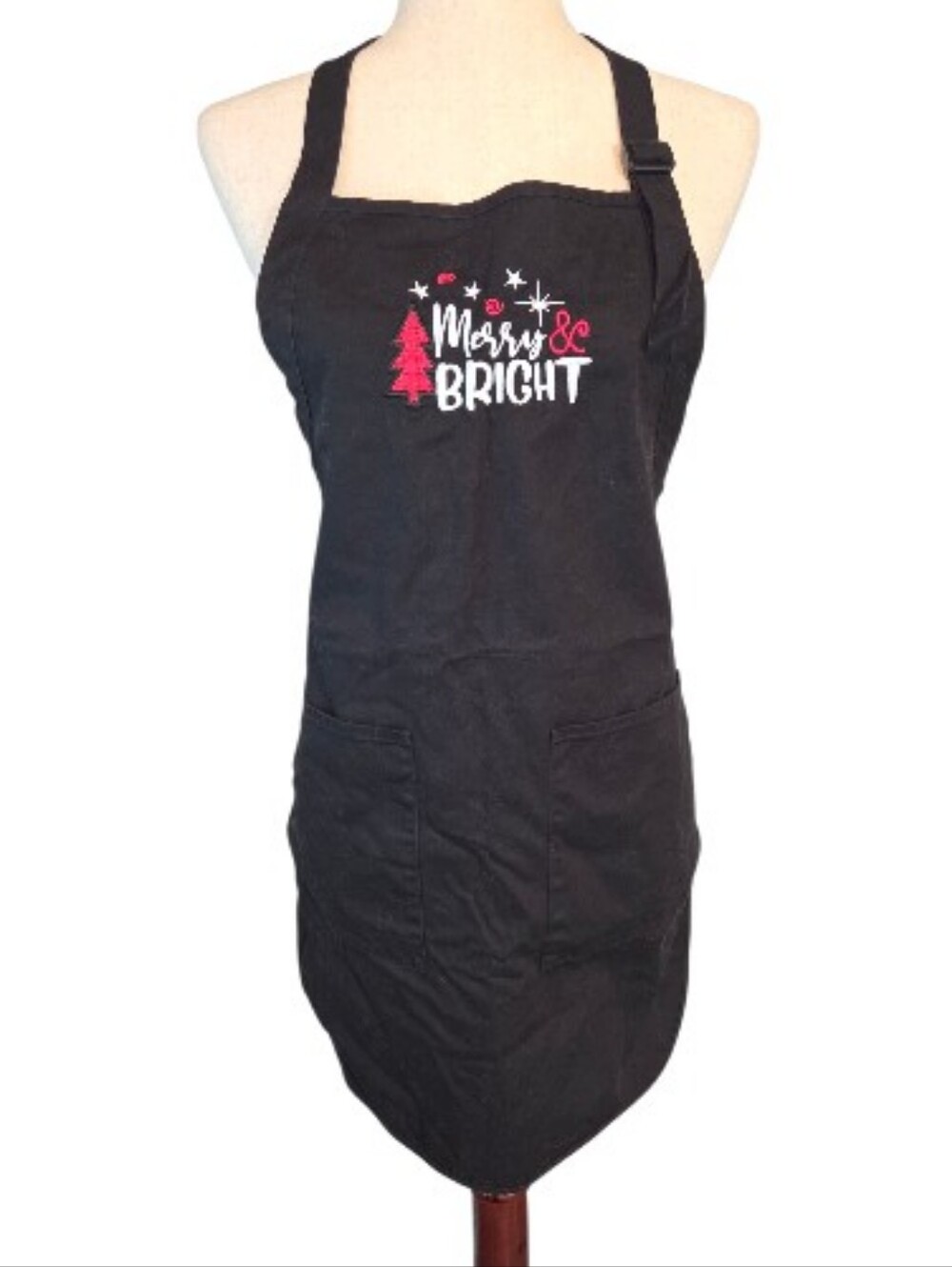 Merry & Bright Christmas Apron Embroidered Black Cotton OS Holidays